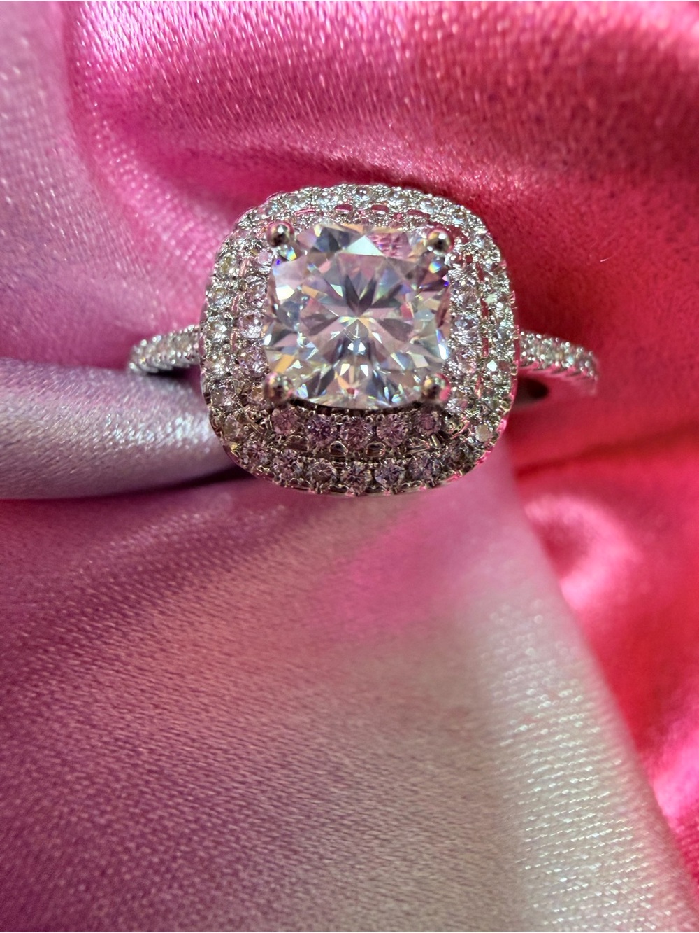 New Moissanite Ring Cushion with shimmering Double Halo and Pave’ Band - Picture 9 of 9